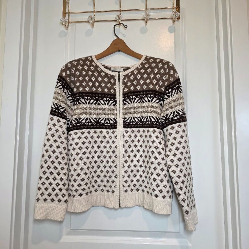VTG Christopher & Banks Fair Isle Sweater Full Zip M Cottage Cabin Nordic Cozy